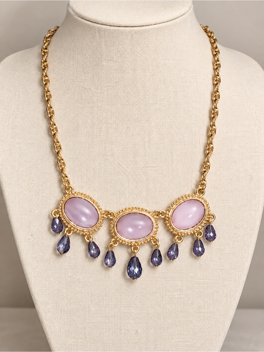 Gold-Tone Necklace with Pink Cabochons and Purple Teardrops
